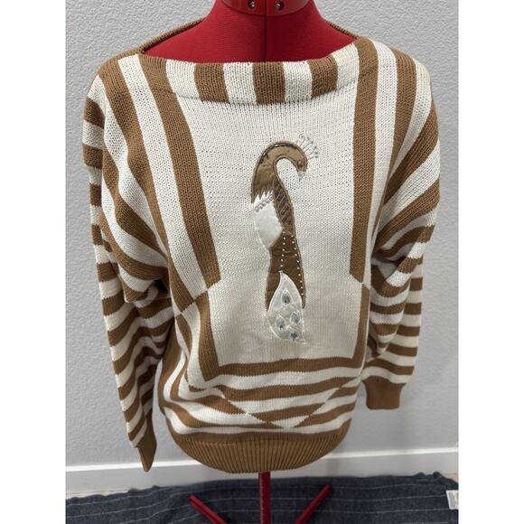 Jacques Vert Vintage Camel Brown White Stripe Jewel Peacock Knit Sweater Sz 2 - Picture 1 of 7